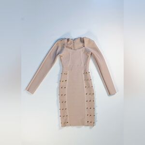 Long Sleeve Nude Bodycon Dress with Gold Stud Details